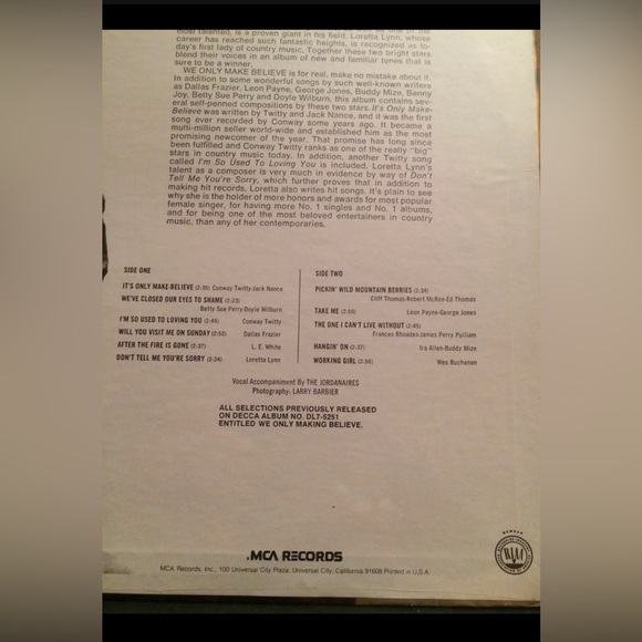 Conway Twitty & Loretta Lynn “We Only Make Believe” LP 1970 Sealed! - Picture 3 of 3